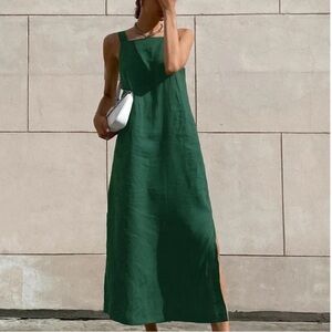 Commense Dark Green Midi Linen Dress